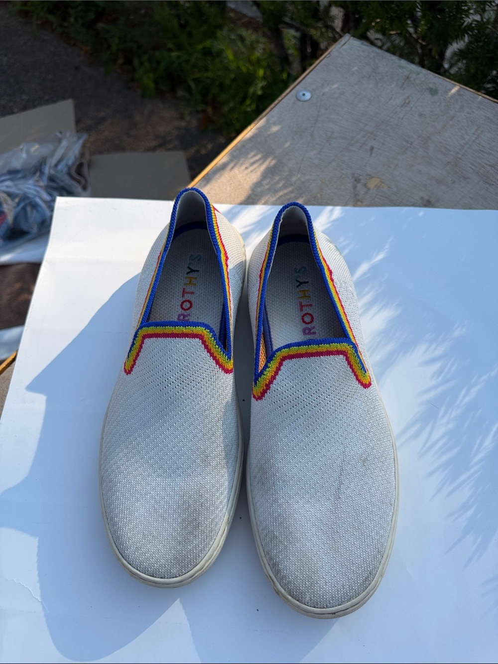 Rothy's White Knit Slip-On Loafers with Rainbow Trim